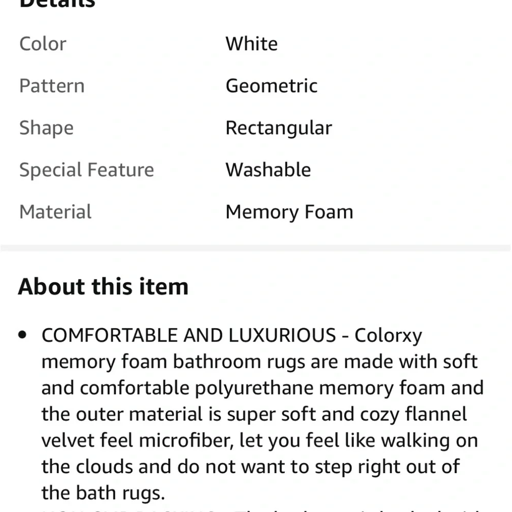 NWOT- Never used Colorxy Memory Foam Bathroom Rugs, White (rug was too small)